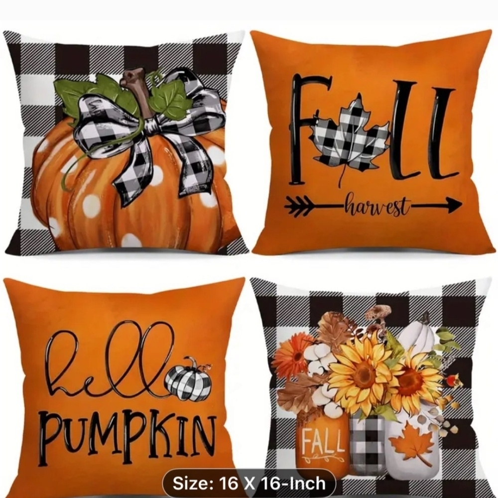Autumn Pumpkin and Floral Throw Pillow Covers - Set of 4 - Picture 1 of 1